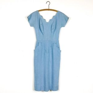 Handmade blue linen vintage 50s dress